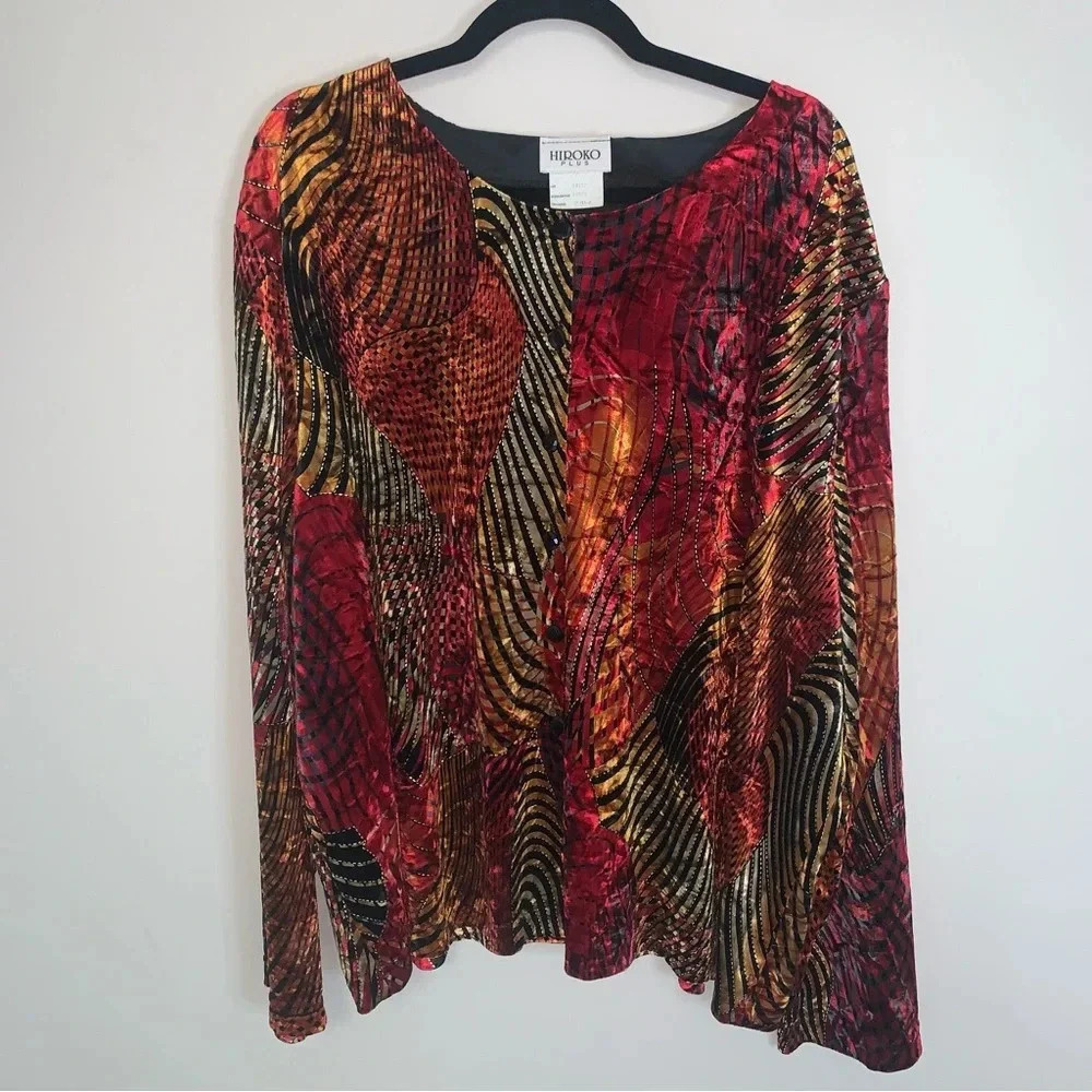Vintage Hiroko Plus Red Black Velvet Button Front Shirt 24w